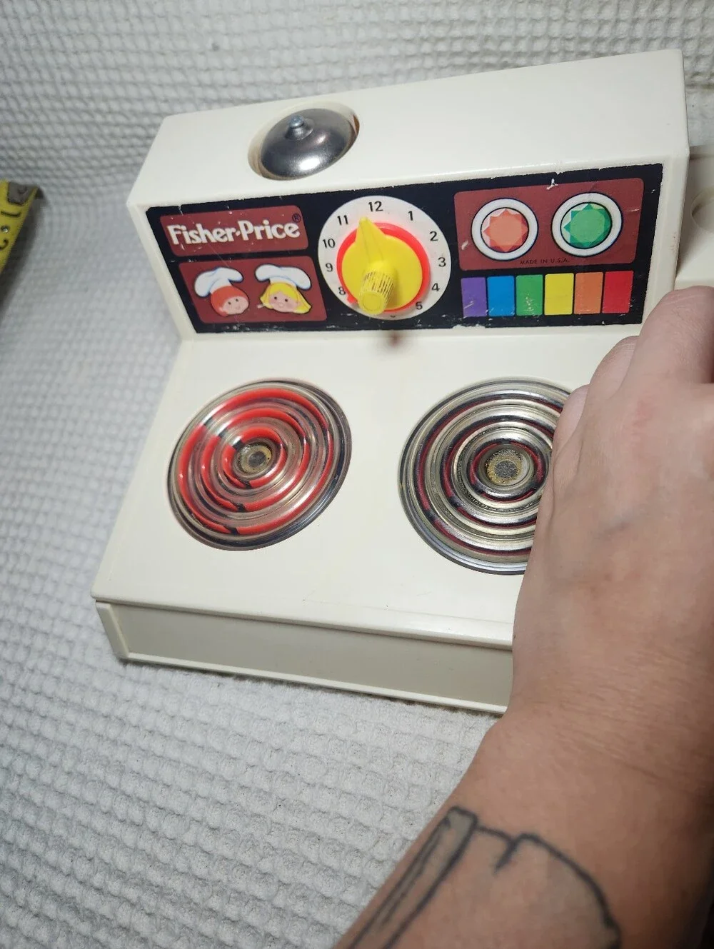 Fisher-Price Vintage Toy Stove in White with Yellow Accents
